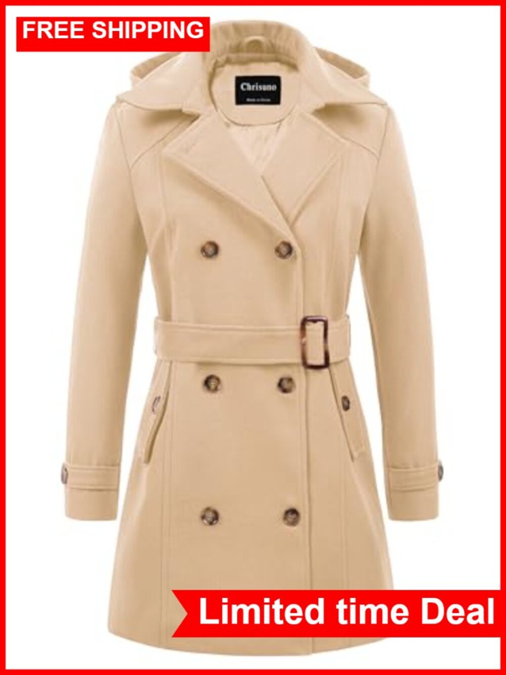 Women's Double Breasted Hooded Long Winter Trench Pea Coat Warm Belted